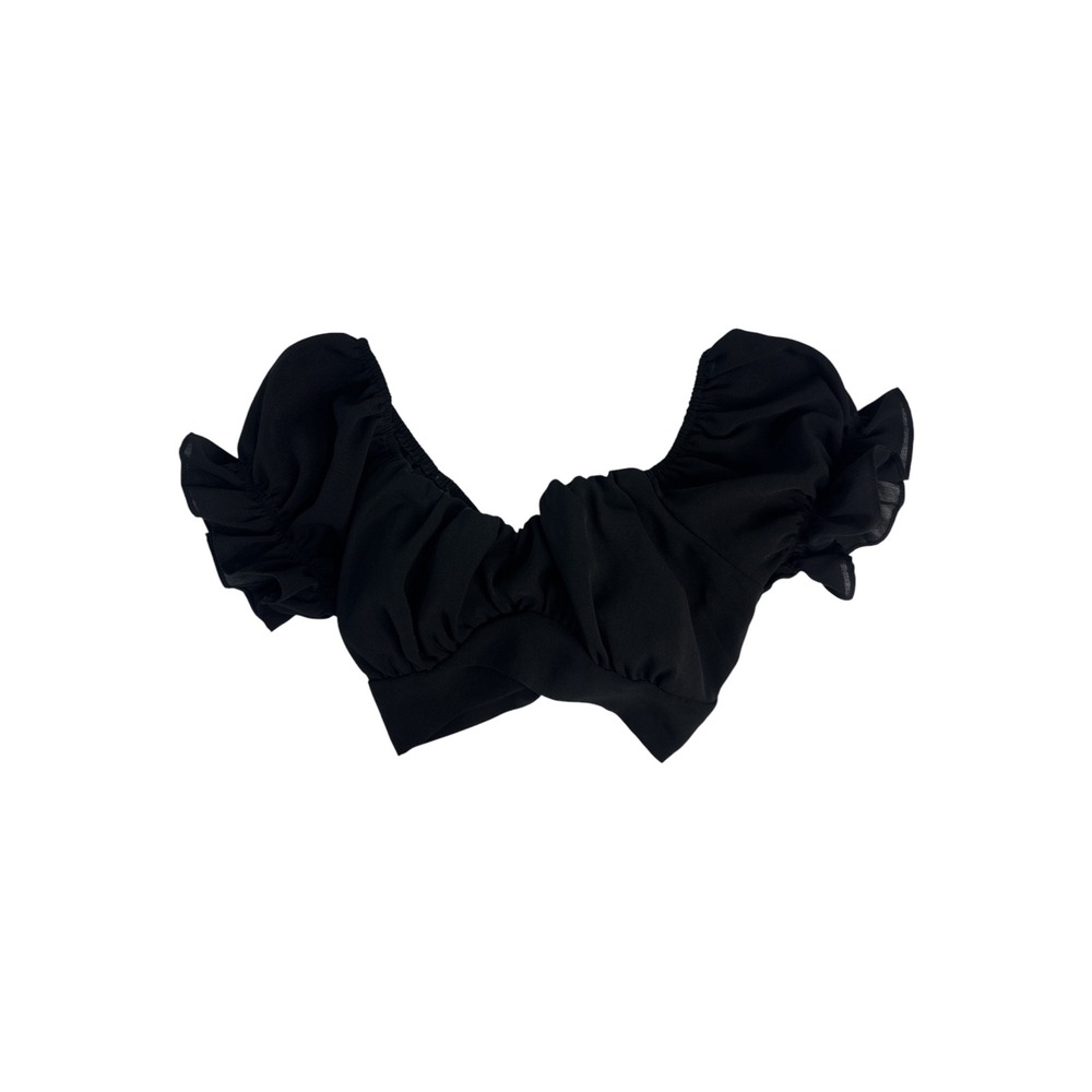Black Off Shoulder Ruched Crop Top Puff Sleeve Bow Tie Coquette Y2K Size M - Picture 2 of 6
